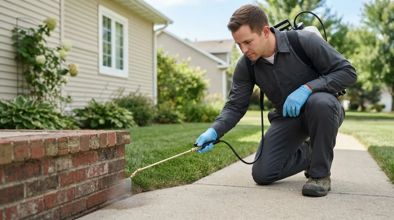 Pest control technician treating a home near Perdido, AL